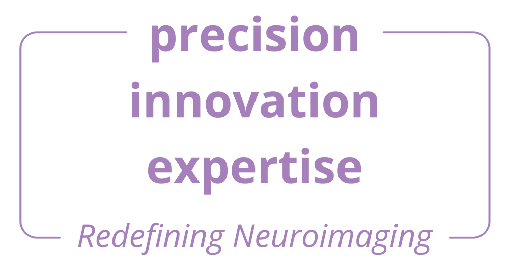 Informational text graphic for RadNet Neuroradiology featuring the words 'precision, innovation, expertise' and the tagline 'Redefining Neuroimaging' in purple text.